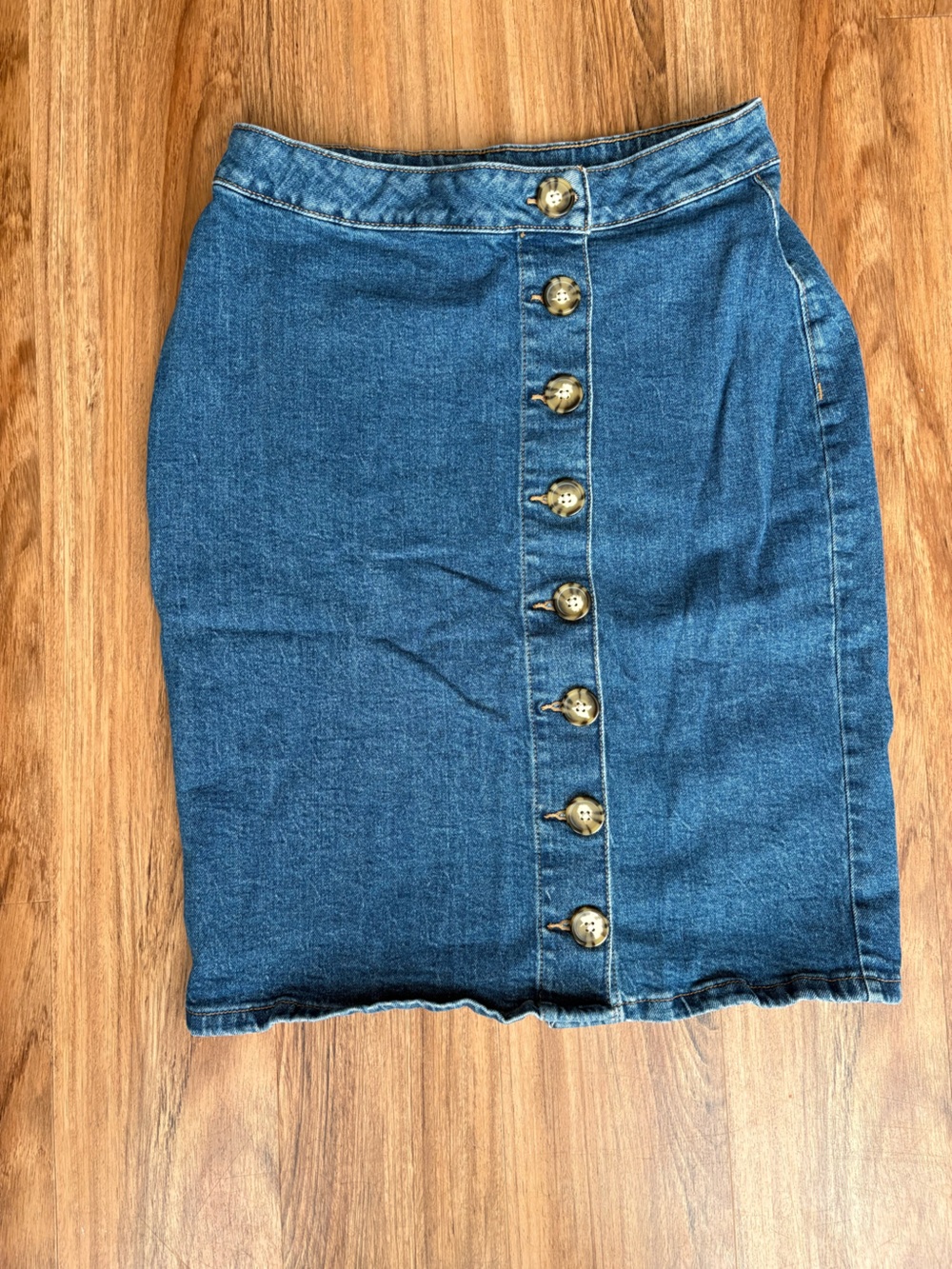 Maurices Medium Blue Denim Midi Skirt with Center Button Detail